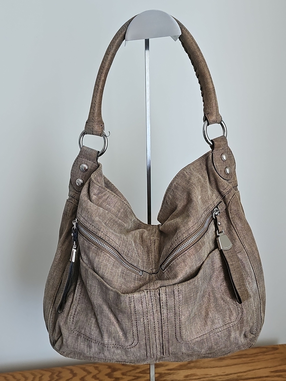 B Makowsky Slouchy Hobo Metallic Distressed Tan
